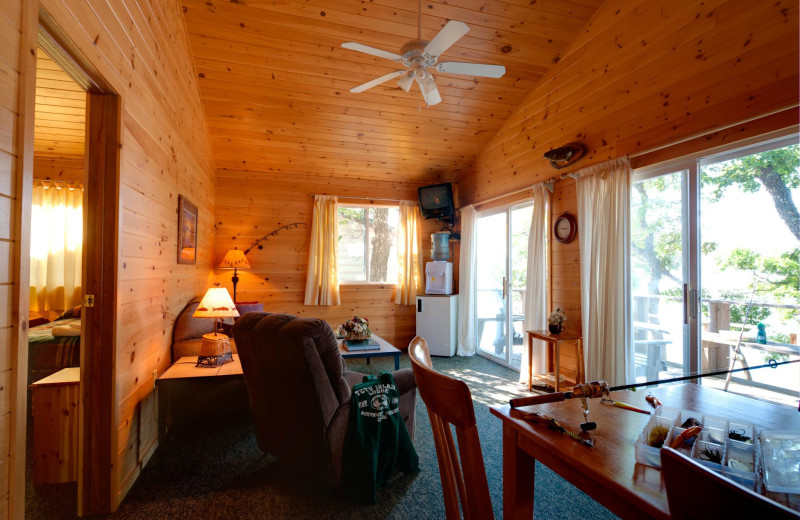 Cabin living room at Tetu Island Lodge.