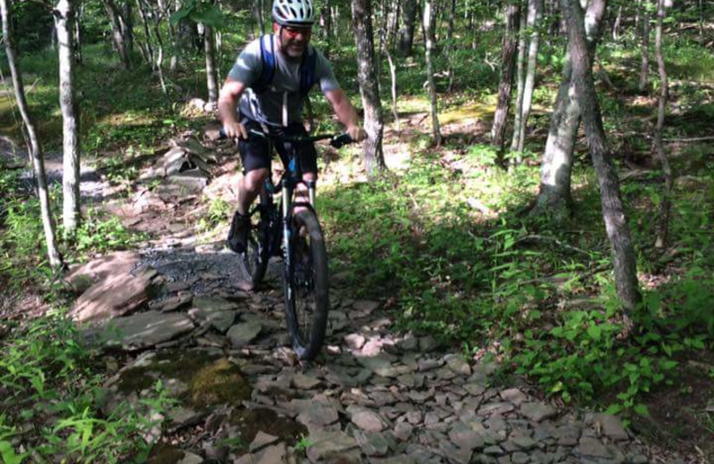 Biking through forest at Crystal Brook Resort.
