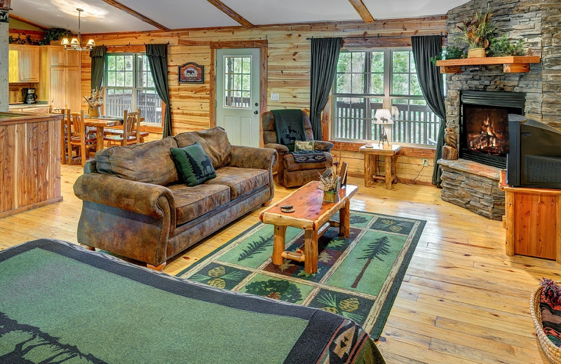 Cabin living room at Lake Forest Luxury Log Cabins.