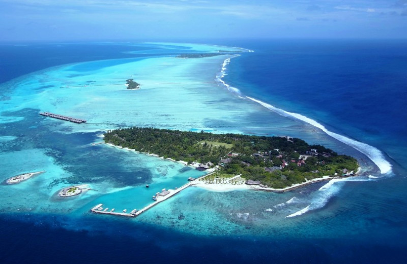 Aerial view of Hudhuranfushi Surf Resort.