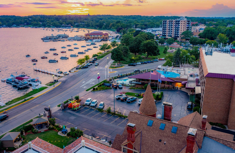 Aerial view of Harbor Shores on Lake Geneva.