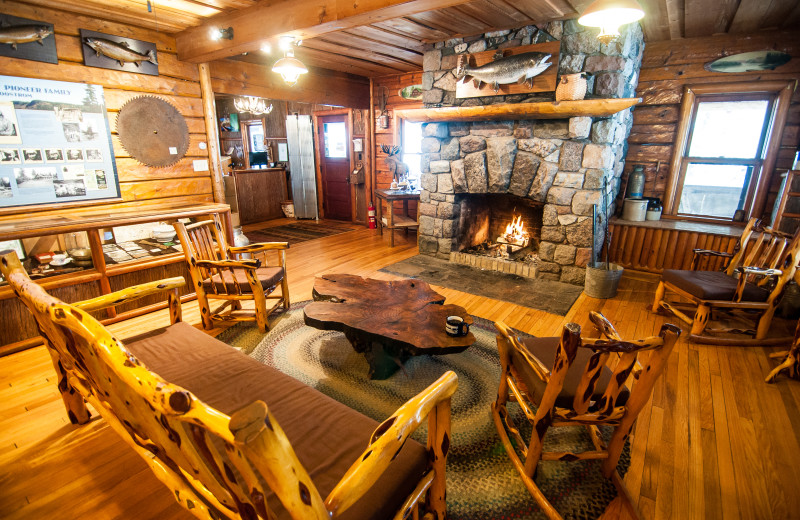 Lodge fireplace at Clearwater Historic Lodge & Canoe Outfitters.