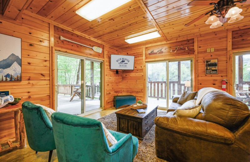 Cabin living room at Blue Beaver Luxury Cabins.
