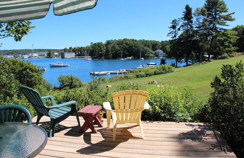 Rental patio at Harborfields Waterfront Vacation Cottages.