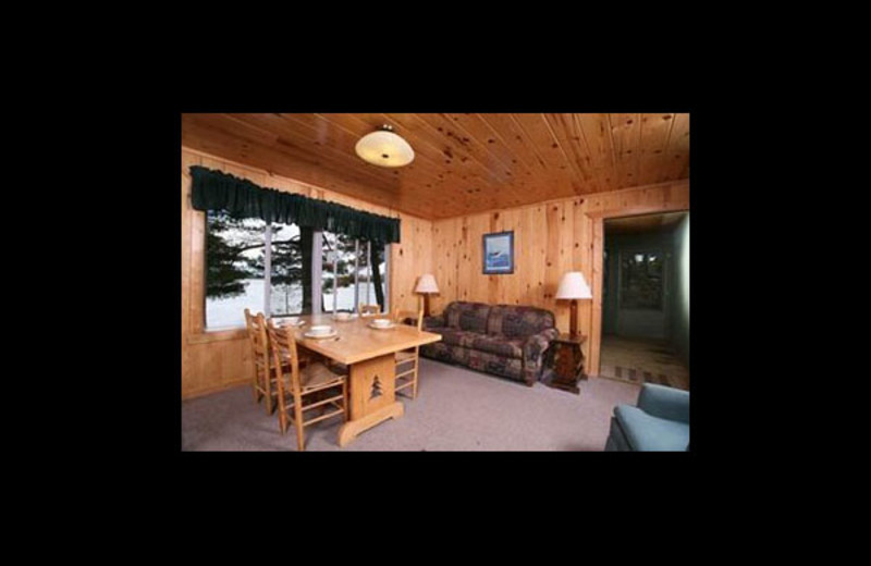 Cabin living room at Broadwater Lodge.