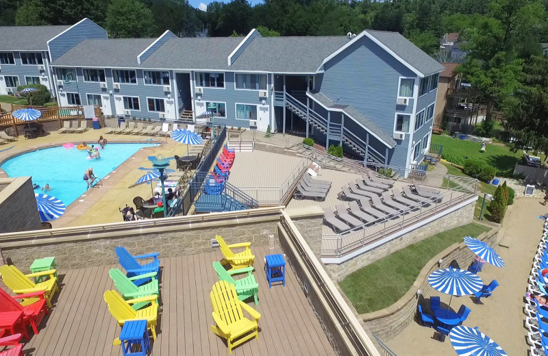 Aerial view of patio at Surfside on the Lake Hotel & Suites.