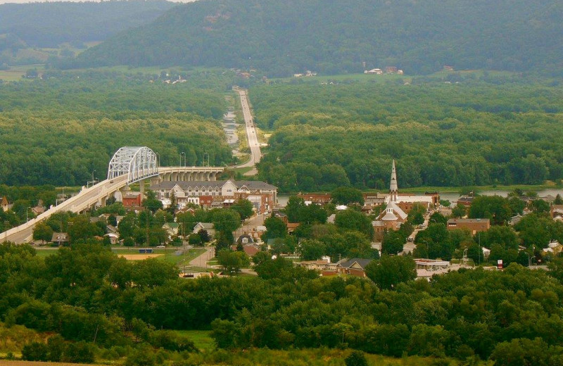 Aerial view of Eagles on the River and Anderson House Hotel.