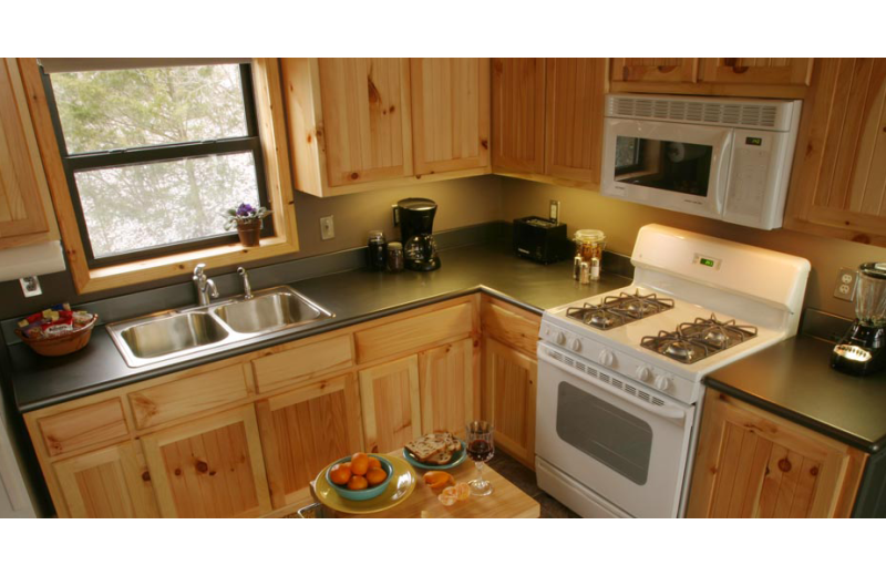 Cabin kitchen at Beaver Lakefront Cabins.