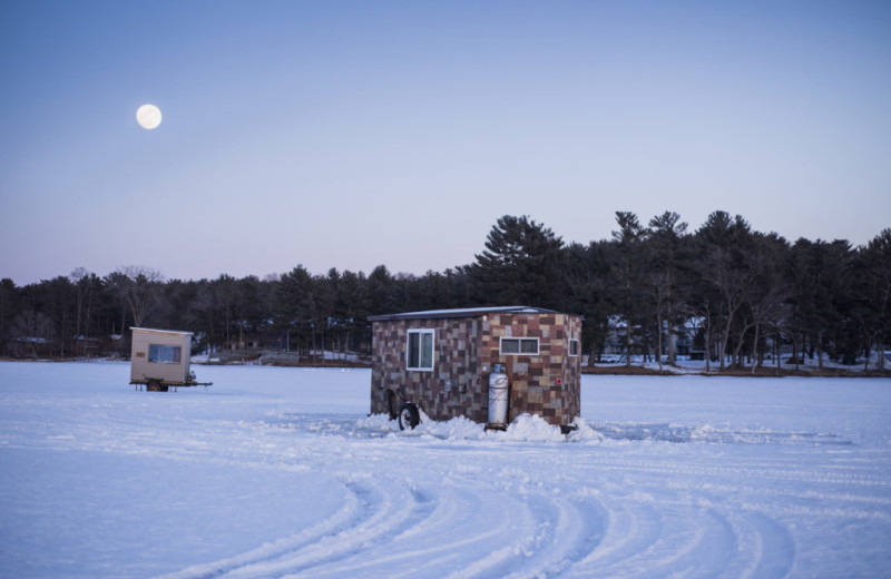 Ice fishing at Baker's Sunset Bay Resort.