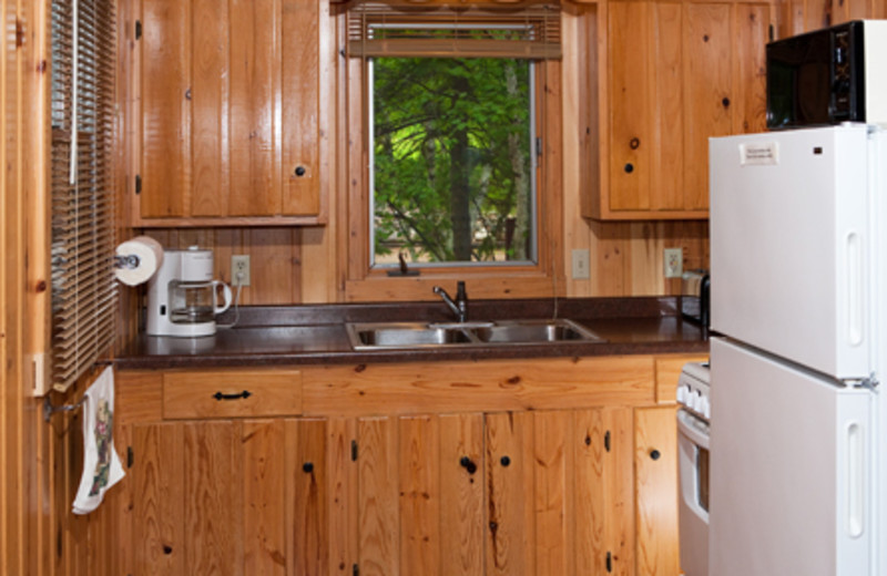 Cabin kitchen at Two Inlets Resort.