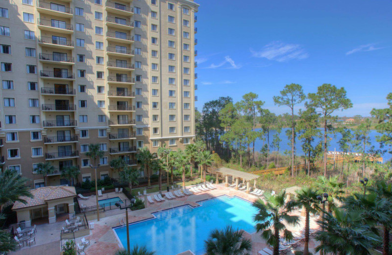 View of pool and lake at Lake Eve Resort.