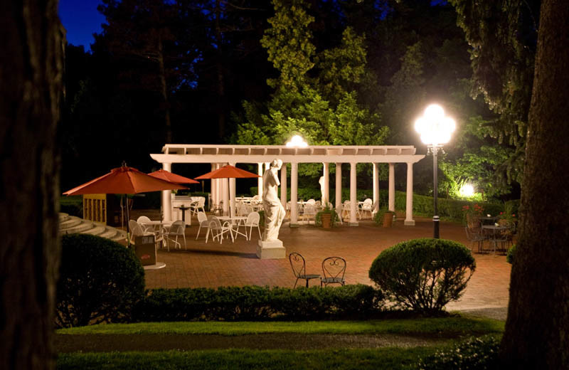 Patio view at night at Geneva on the Lake.