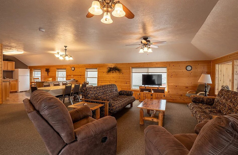 Cabin kitchen and living room at Barky's Resort.