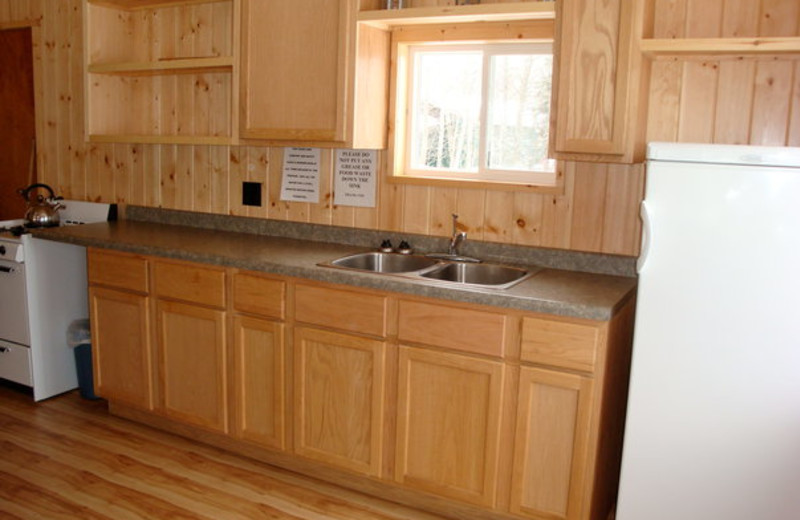 Cabin kitchen at Rex Tolton's Miles Bay Camp.