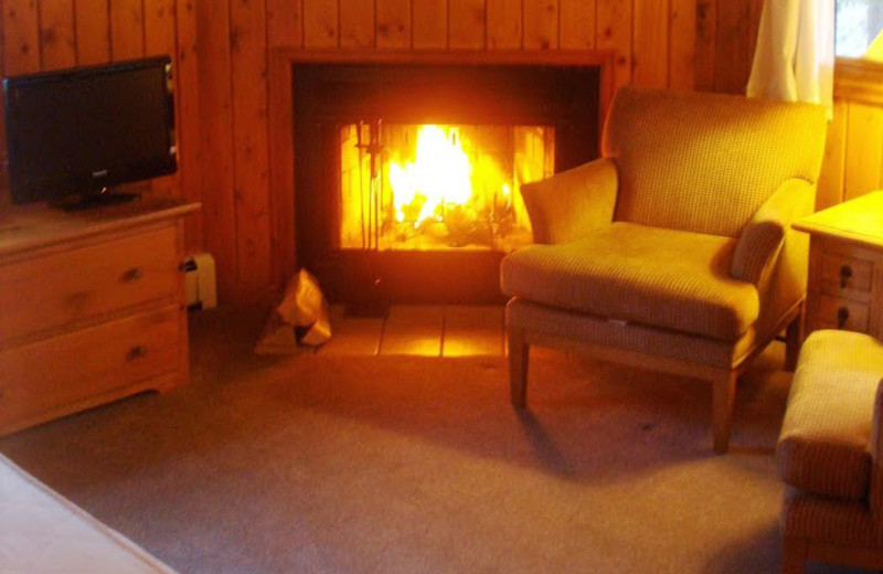 Cabin fireplace at Glacier Lodge.