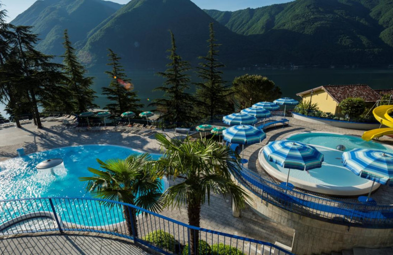 Outdoor pool at Parco San Marco at lake Lugano in Italy.