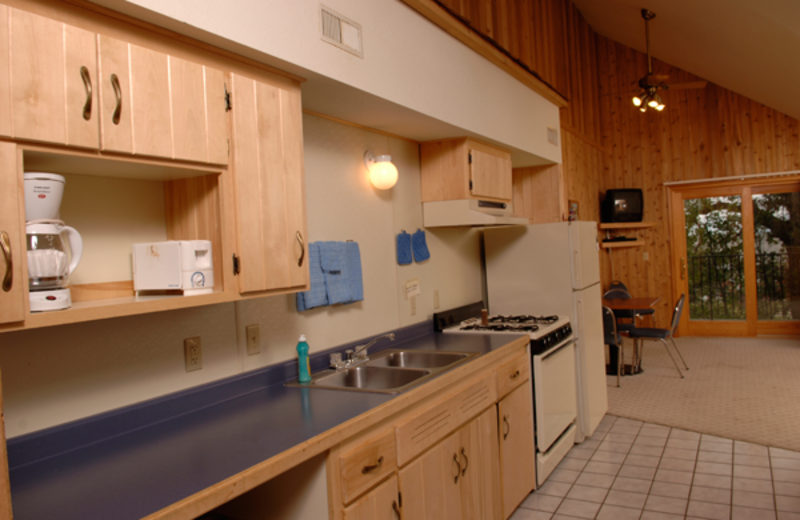 Cabin kitchen at Arnesen's Rocky Point Resort.