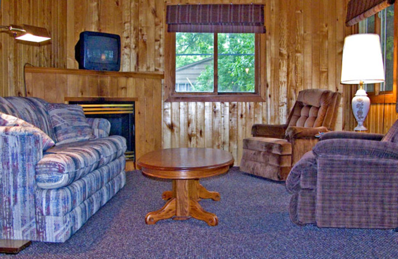 Cabin living room at Sandy Point Lodge.