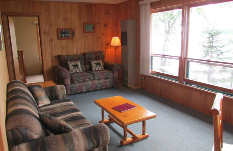 Cabin living room at Elbow Lake Lodge.