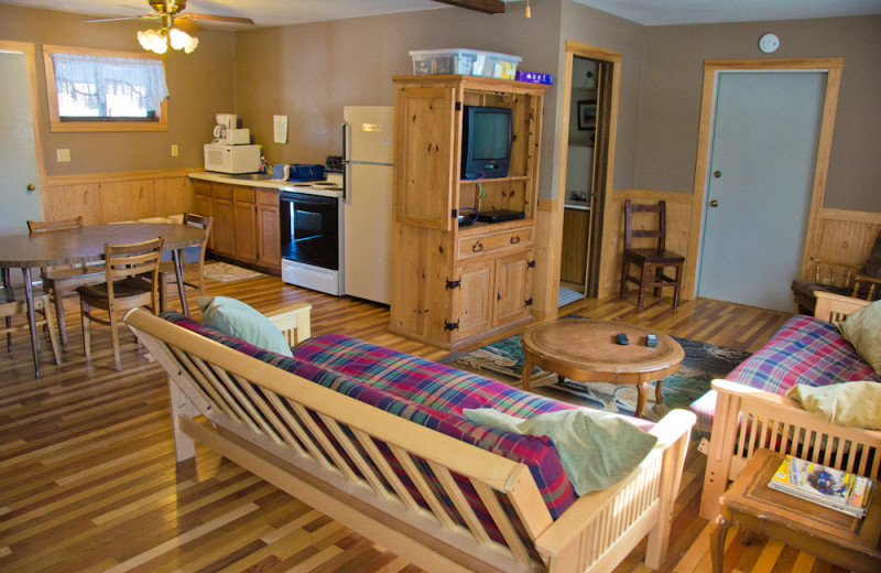 Cabin living room at Tri Lake Timbers Resort.