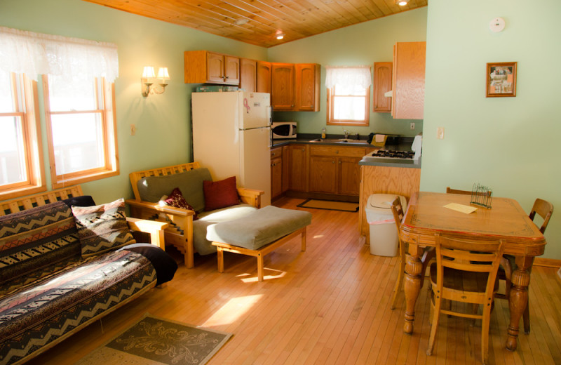 Cabin kitchen living room at Tri Lake Timbers Resort.