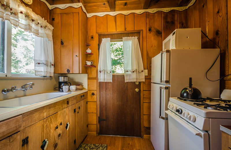 Cabin kitchen at Arrowhead Pine Rose Cabins.