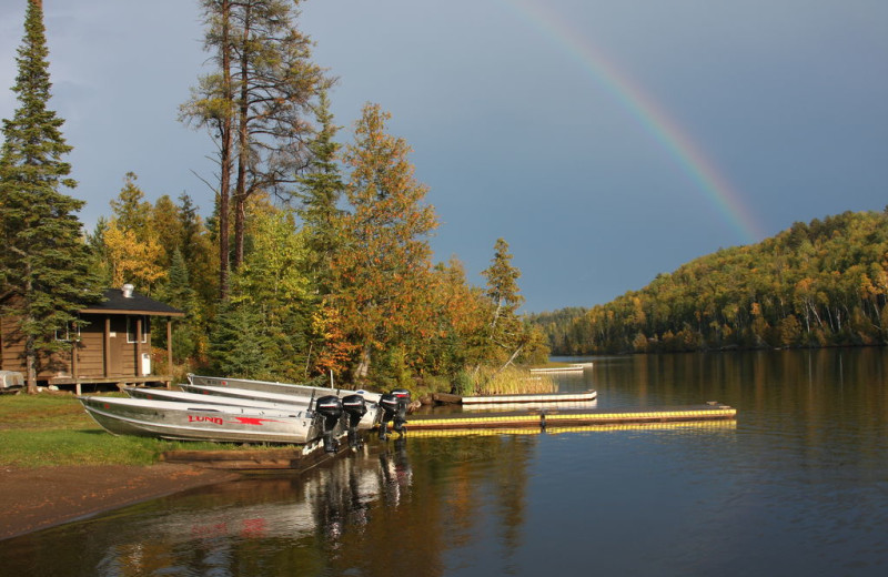 Rainbow over lake at Golden Eagle Lodge.
