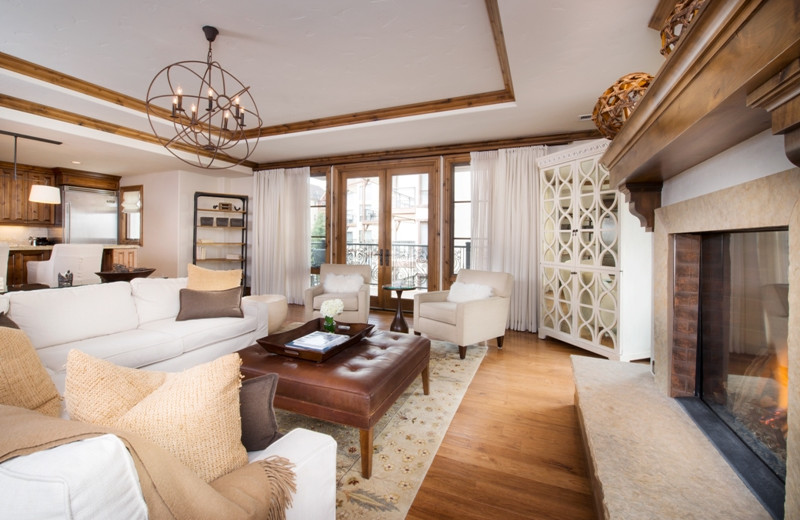 Guest living room and kitchen at Arrabelle at Vail Square.