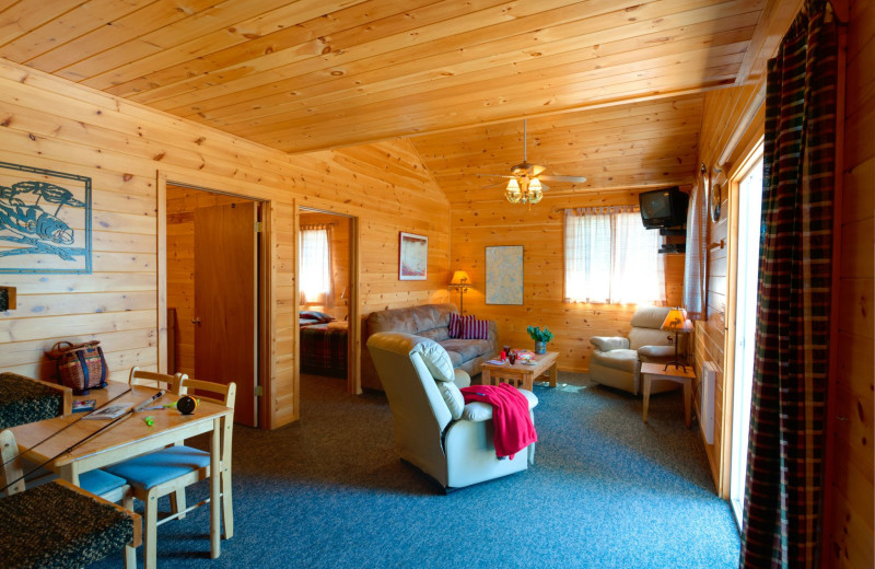 Cabin living room at Tetu Island Lodge.