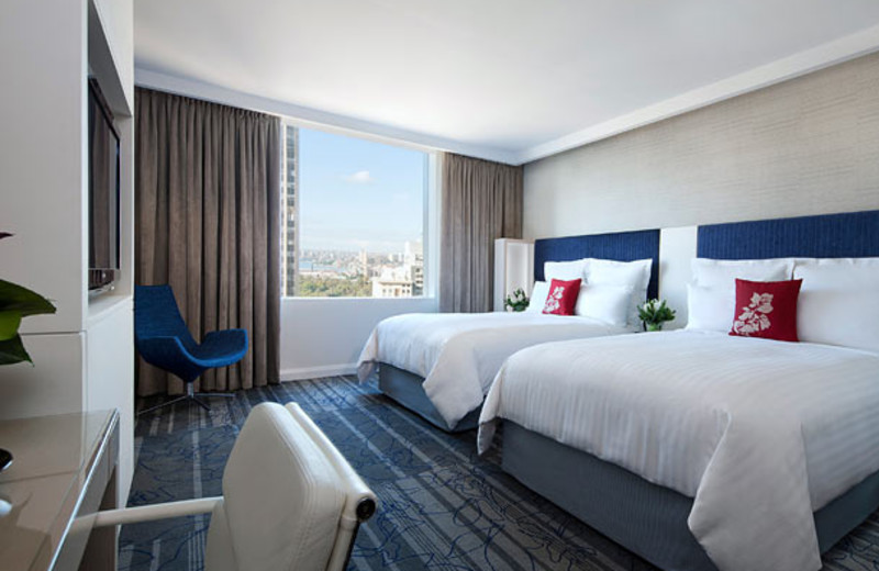 Guest room at Sydney Harbour Marriott Hotel.