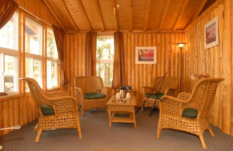 Cabin living room at Hatchet Lake Lodge.