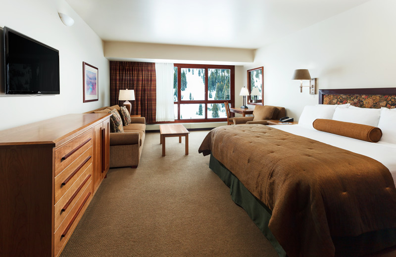 King Bed with Queen Sofa Pull Out (if needed), Complete Bathroom and Full Mountain View at Alta's Rustler Lodge.