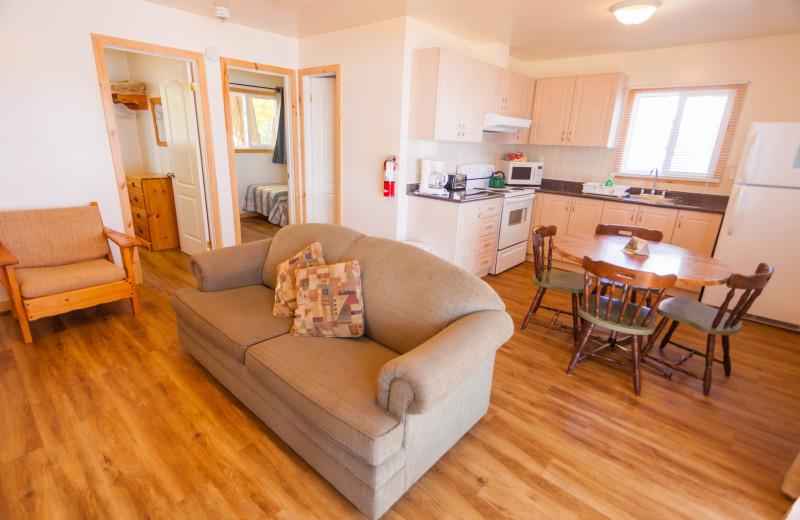 Cottage living room and kitchen at Scotsman Point Cottage Resort. 