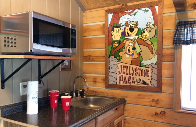 Cabin kitchen at Jellystone Park at Lake Monroe.