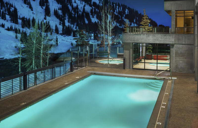Outdoor heated pool, and indoor/outdoor Jacuzzi at Alta's Rustler Lodge.