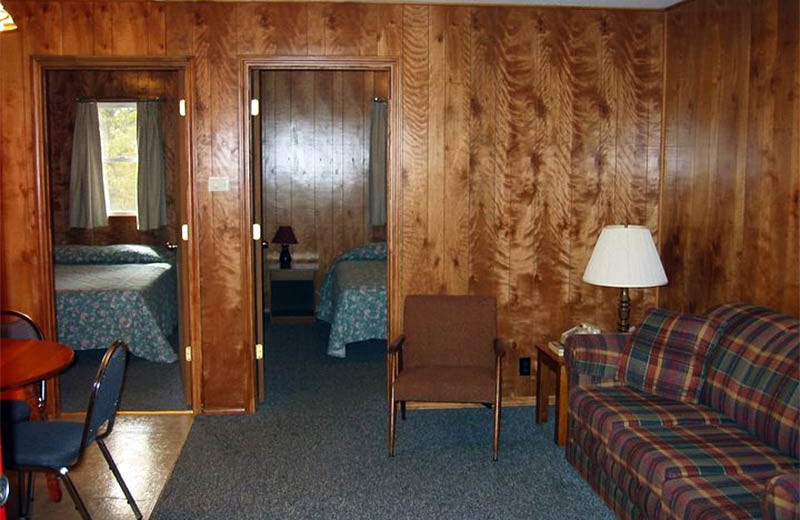 Cabin living room at Golden Arrow Resort.