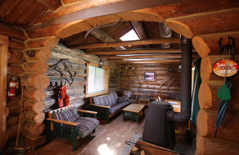 Cabin living room at Chaunigan Lake Lodge.