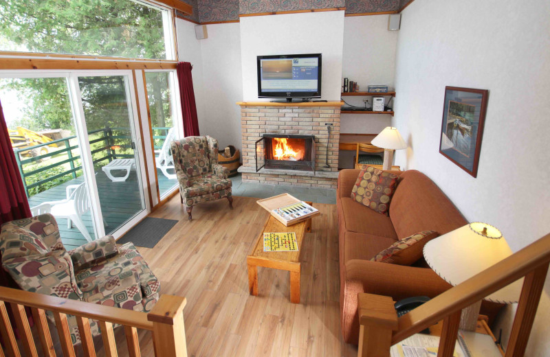 Cabin living room at Elmhirst's Resort.