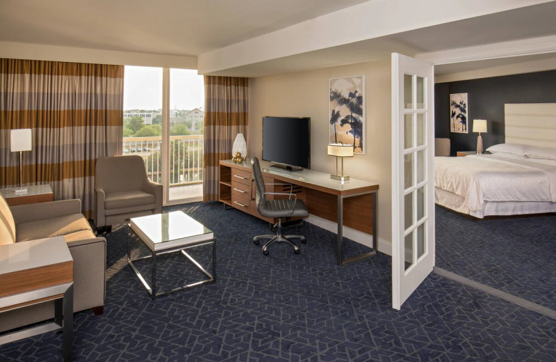 Guest room at Sheraton Tampa Riverwalk Hotel.