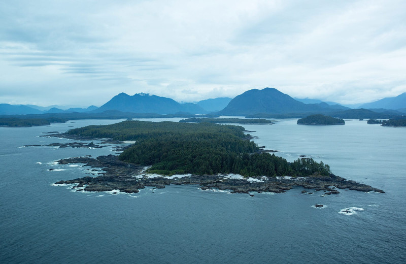 Aerial view of islands at Nootka Wilderness Lodge.
