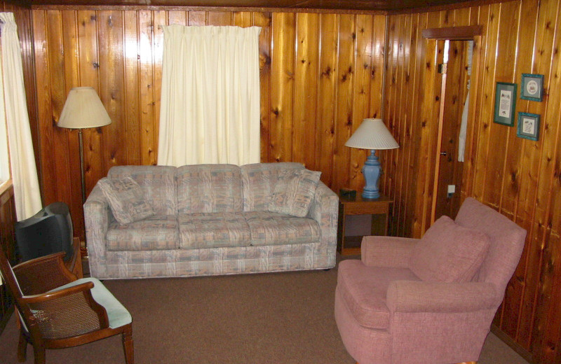 Cabin living room at The West Shore Resort. 