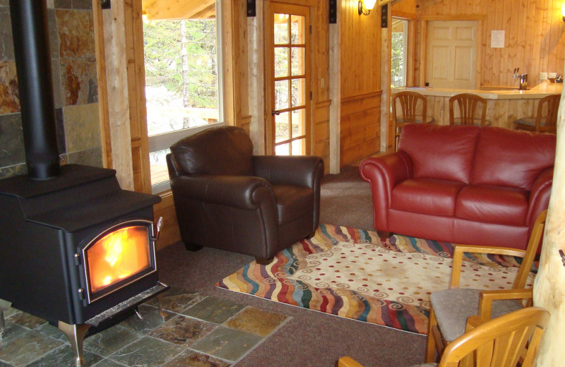 Lounge with fireplace at Kenai Fjords Glacier Lodge.