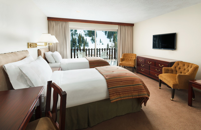2 Twin Beds, Complete Bathroom, Balcony and Full Mountain View at Alta's Rustler Lodge.