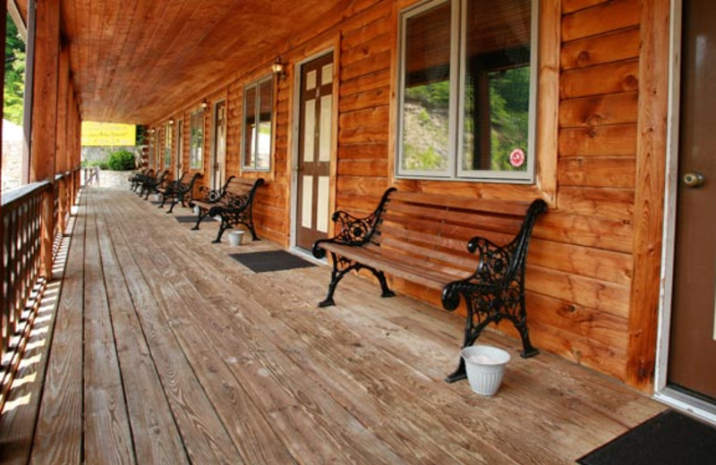 Motel porch at Smoke Hole Caverns & Log Cabin Resort.