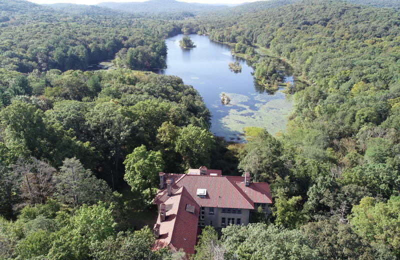 Aerial view of Arrow Park Lake and Lodge.