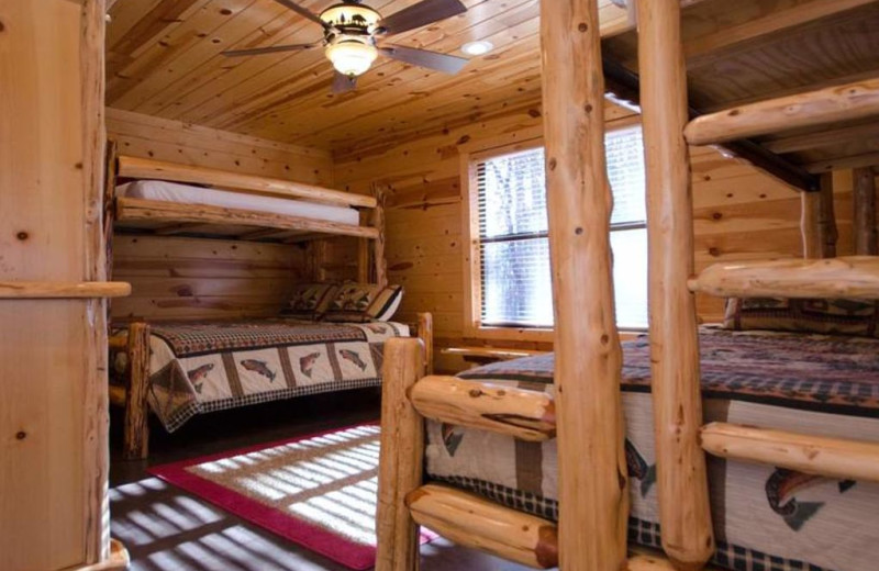 Cabin bedroom at Lake Mountain Cabins.