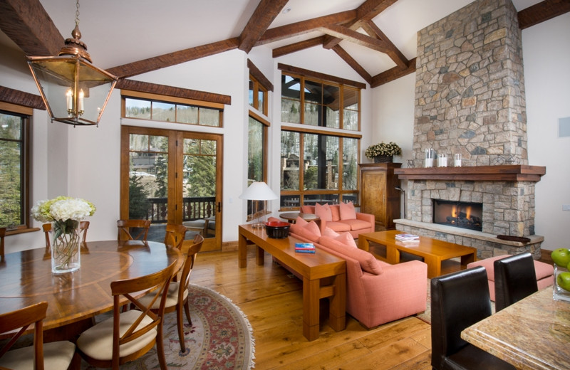 Guest living room and dining area at Arrabelle at Vail Square.