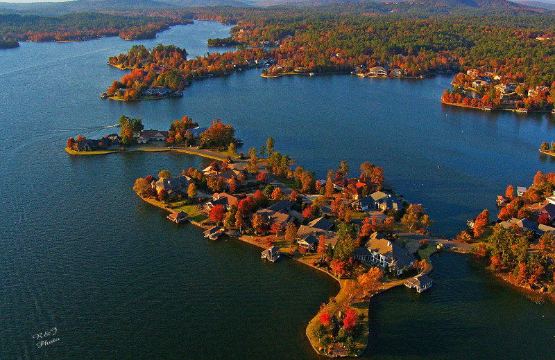 Aerial view of lake at Hot Springs Village Rentals.