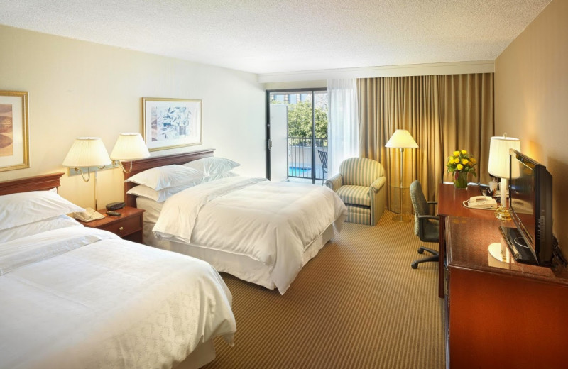Guest room at Sheraton Pasadena Hotel.