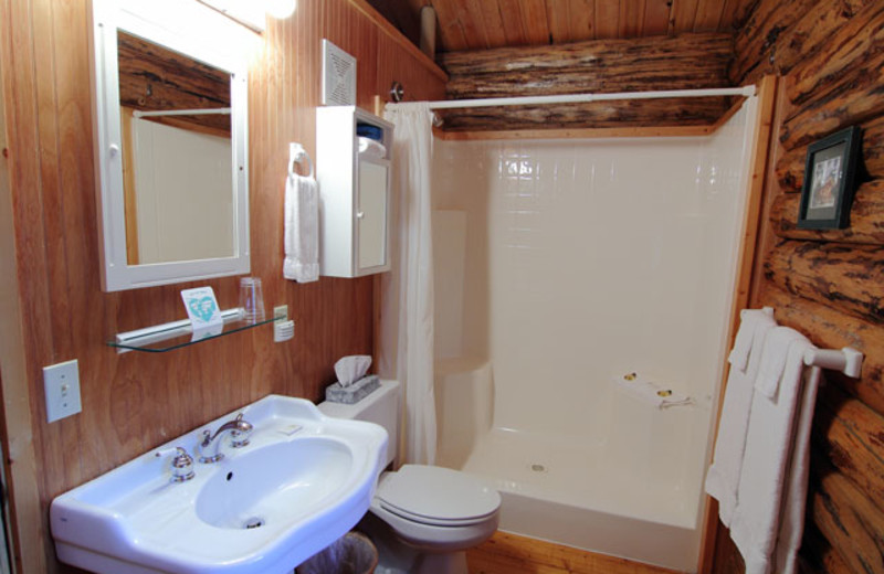 Cabin bathroom at Silverwolf Log Chalet Resort.